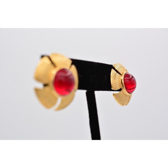 Sarah Cov Vintage Flower Red Cabochon Earrings Post Gold SC Signed 1980s BinAZ - Picture 5 of 12